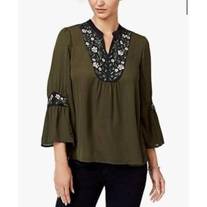 Style & Co Women Olive Velvet Floral‎ Embroidered Bell Sleeve Blouse Plus Sz 1X